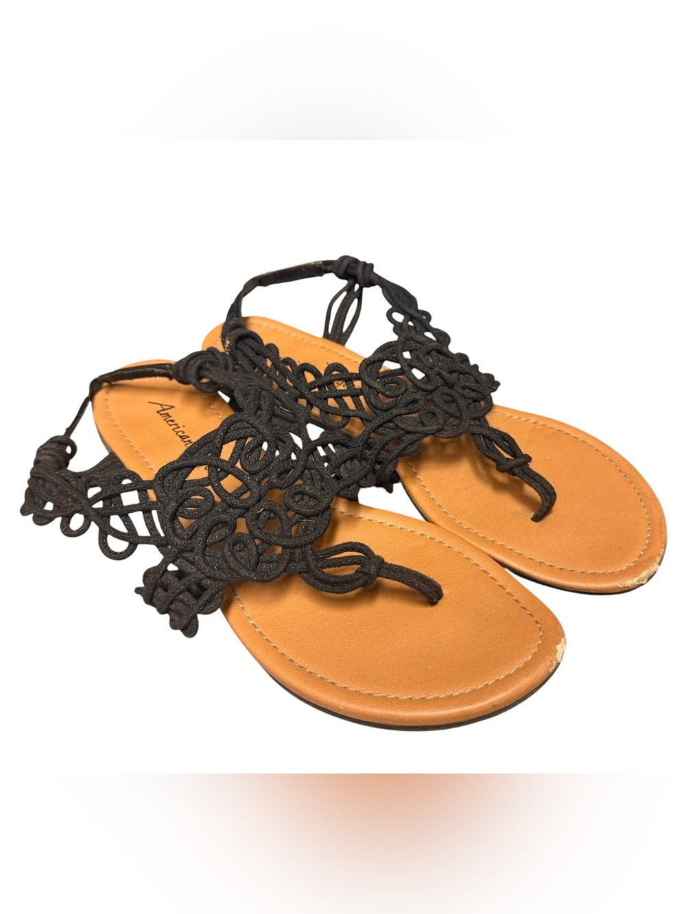 American Eagle Womens Size 8 Black Macrame Crochet Thong Sandals Boho